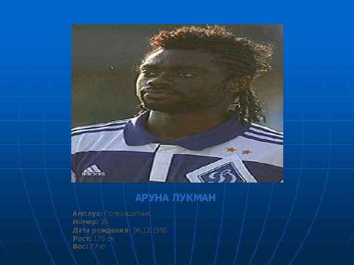     АРУНА ЛУКМАН Амплуа: Полузащитник Номер: 25 Дата рождения: 04. 12.