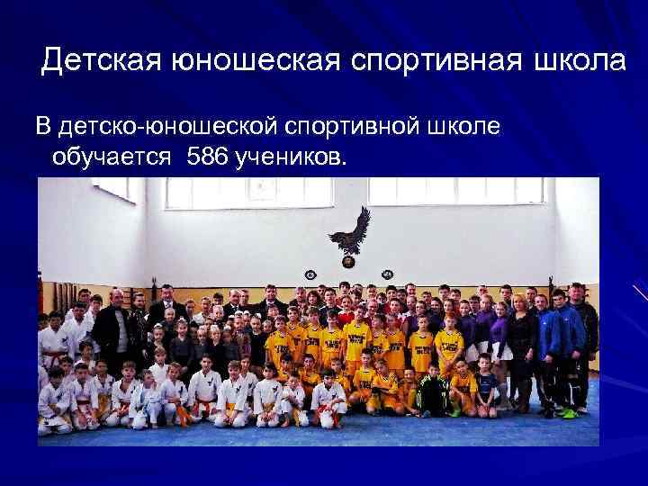  Детская юношеская спортивная школа В детско-юношеской спортивной школе  обучается 586 учеников. 