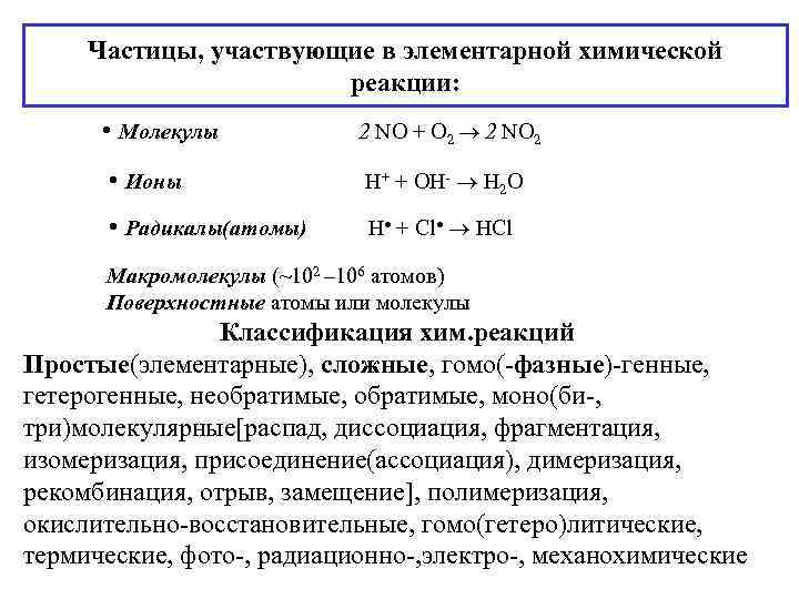 Частицы, участвующие в элементарной химической реакции: • Молекулы Частицы, участвующие в элементарной химической реакции: • Молекулы