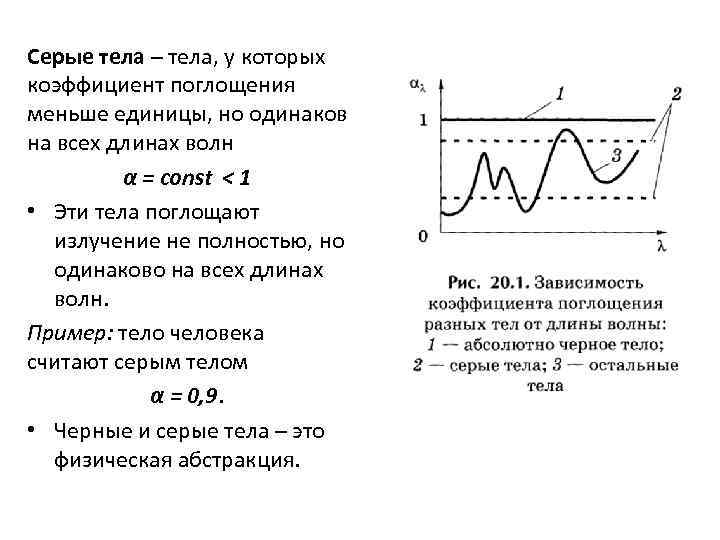Серые тела – тела, у которых коэффициент поглощения меньше единицы, но одинаков на всех Серые тела – тела, у которых коэффициент поглощения меньше единицы, но одинаков на всех