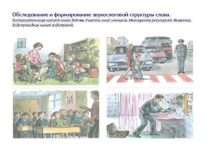Обследование и формирование звукослоговой структуры слова. Воспитательница читает книгу детям. Учитель учит учеников. Милиционер