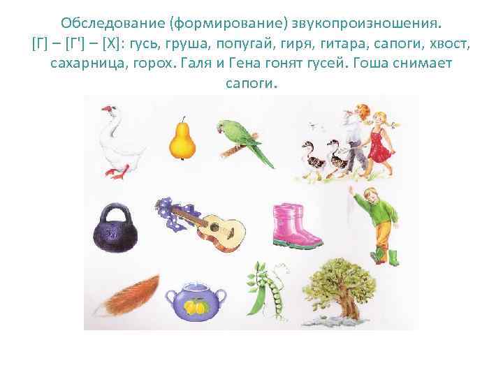  Обследование (формирование) звукопроизношения. [Г] – [Г'] – [Х]: гусь, груша, попугай, гиря, гитара,