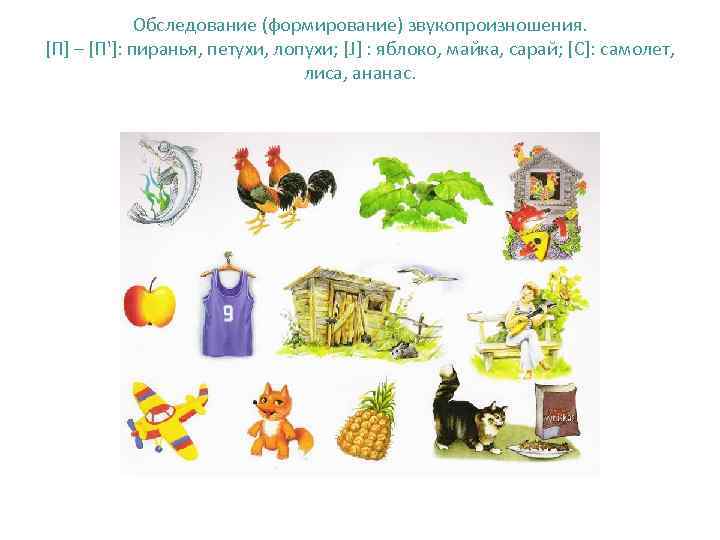    Обследование (формирование) звукопроизношения. [П] – [П']: пиранья, петухи, лопухи; [J] :