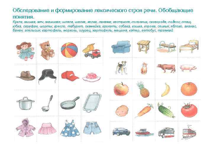Обследование и формирование лексического строя речи. Обобщающие понятия. Кукла, мишка, мяч, машинка; шляпа, шапка,