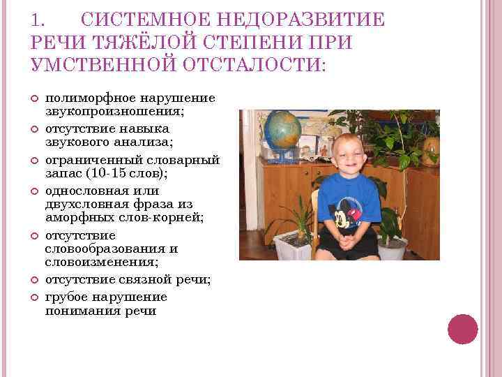 1.  СИСТЕМНОЕ НЕДОРАЗВИТИЕ РЕЧИ ТЯЖЁЛОЙ СТЕПЕНИ ПРИ УМСТВЕННОЙ ОТСТАЛОСТИ: полиморфное нарушение звукопроизношения; отсутствие