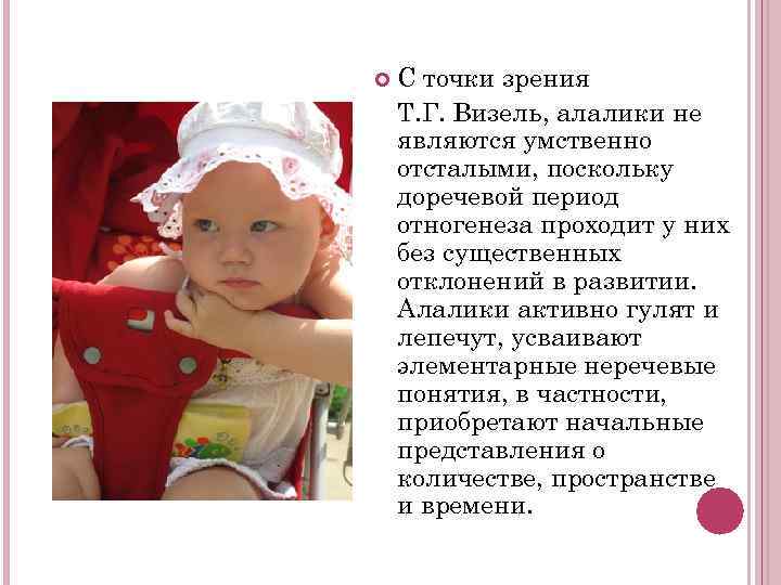   С точки зрения Т. Г. Визель, алалики не являются умственно отсталыми, поскольку