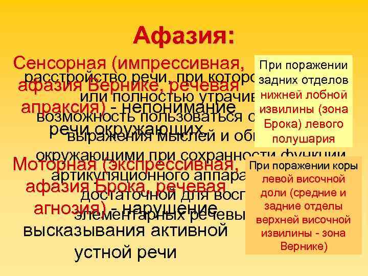     Афазия: Сенсорная (импрессивная, При поражении расстройство речи, при котором частично