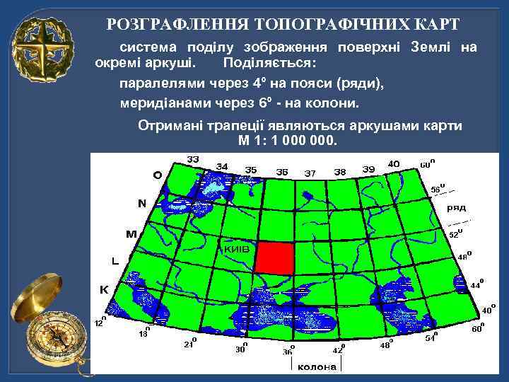  РОЗГРАФЛЕННЯ ТОПОГРАФІЧНИХ КАРТ  система поділу зображення поверхні Землі на окремі аркуші. 