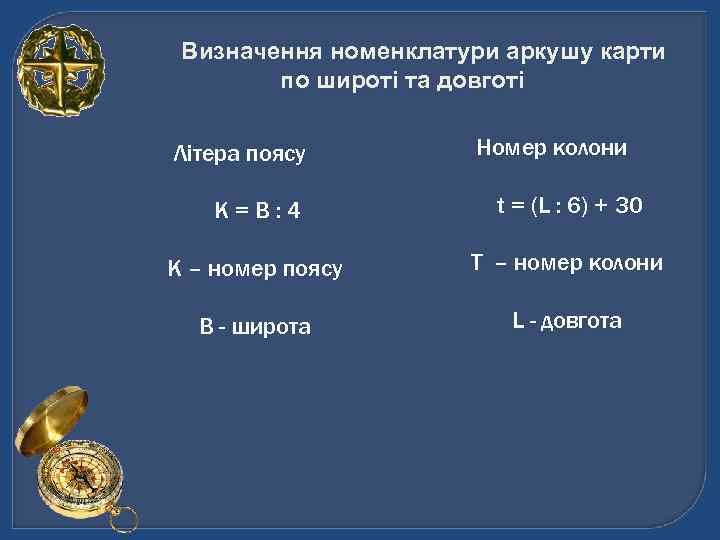  Визначення номенклатури аркушу карти   по широті та довготі  Літера поясу