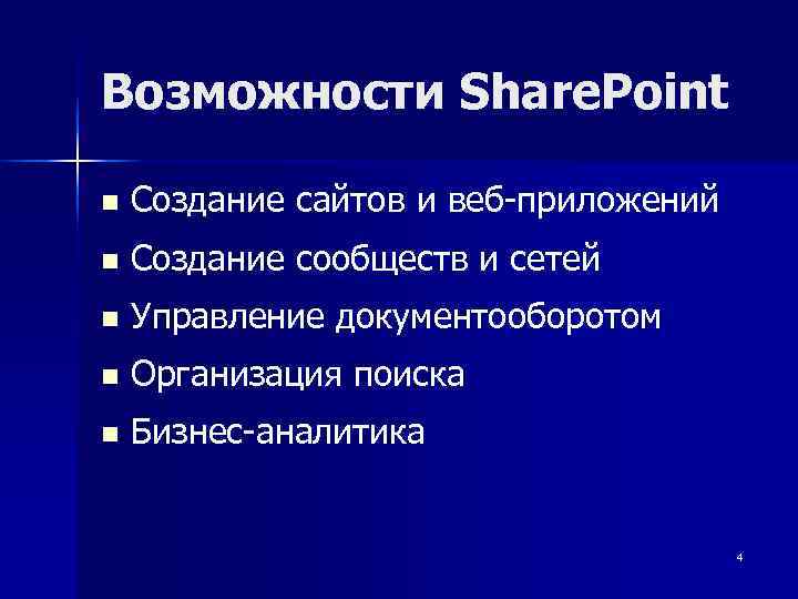 Возможности Share. Point n  Создание сайтов и веб-приложений n  Создание сообществ и