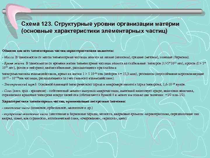   Схема 123. Структурные уровни организации материи   (основные характеристики элементарных частиц)