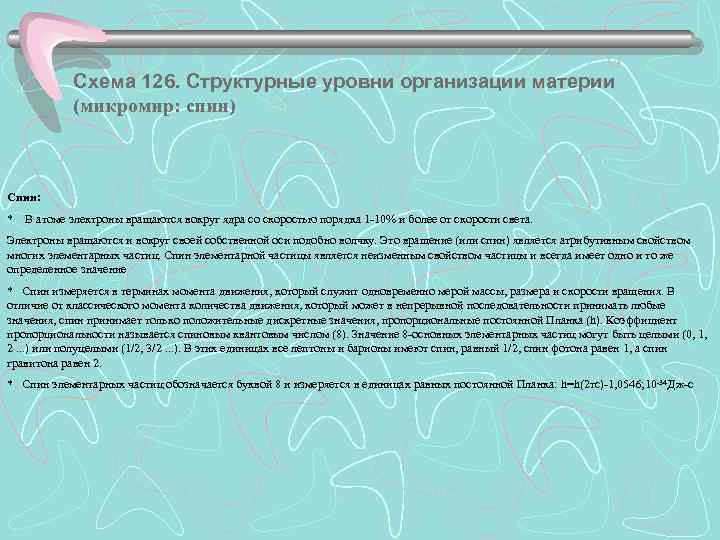   Схема 126. Структурные уровни организации материи   (микромир: спин)  Спин: