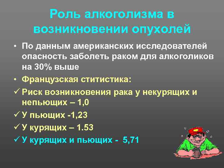  Роль алкоголизма в возникновении опухолей • По данным американских исследователей  опасность заболеть