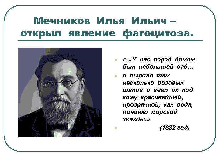 Мечников Илья Ильич – открыл явление фагоцитоза. l l l «…У нас перед домом