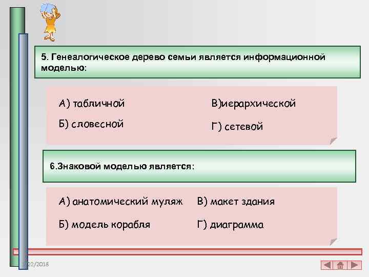  5. Генеалогическое дерево семьи является информационной  моделью:   А) табличной 