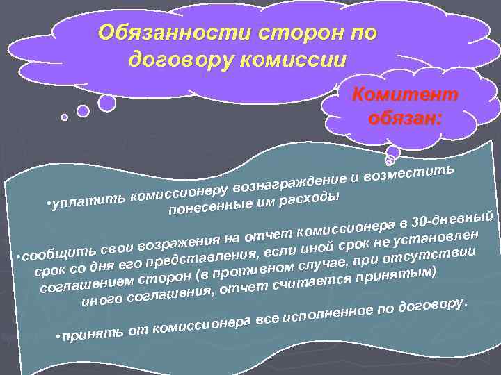   Обязанности сторон по   договору комиссии     Комитент