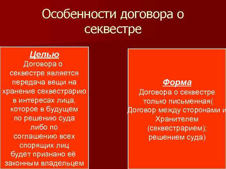 Особенности договора о секвестре Целью Договора Особенности договора о секвестре Целью Договора