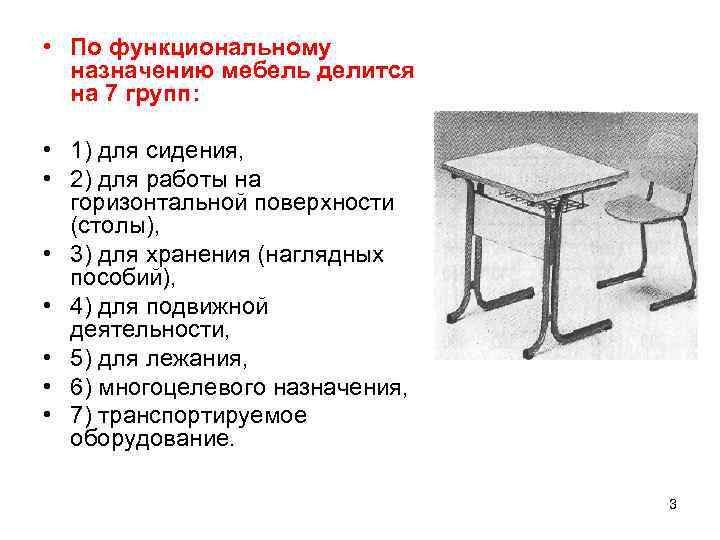 Требования к школьной мебели. Классификация столов. Назначение мебели. Функциональное Назначение мебели. Типы столов по конструкции.