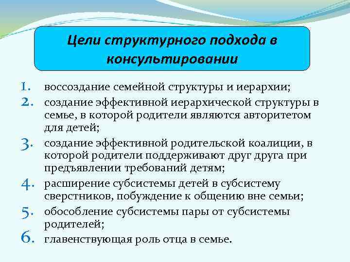   Цели структурного подхода в   консультировании 1.  воссоздание семейной структуры