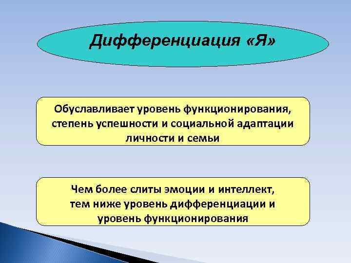 Дифференциация «Я» Обуславливает уровень функционирования, степень успешности и социальной адаптации личности Дифференциация «Я» Обуславливает уровень функционирования, степень успешности и социальной адаптации личности