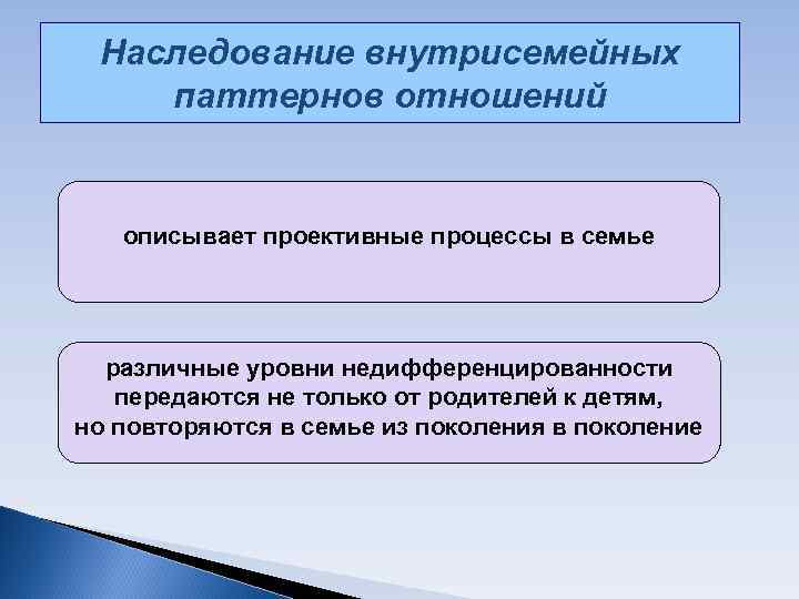Наследование внутрисемейных паттернов отношений описывает проективные процессы в семье различные уровни недифференцированности Наследование внутрисемейных паттернов отношений описывает проективные процессы в семье различные уровни недифференцированности