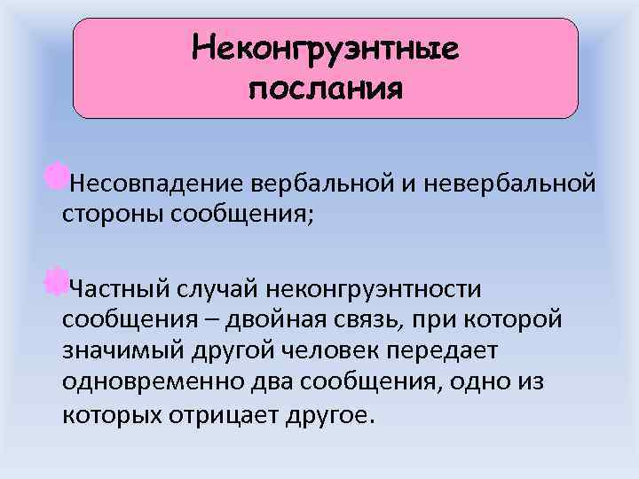   Неконгруэнтные    послания îНесовпадение вербальной и невербальной стороны сообщения; 