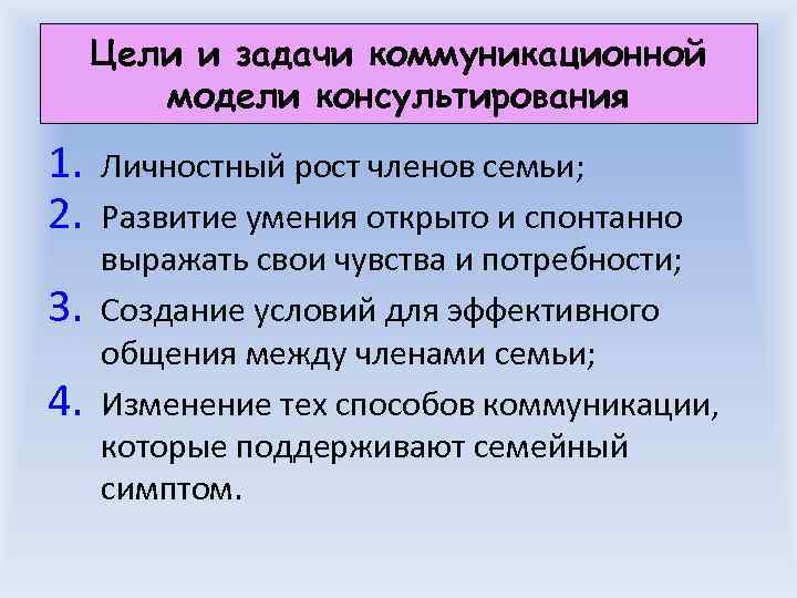  Цели и задачи коммуникационной   модели консультирования 1.  Личностный рост членов