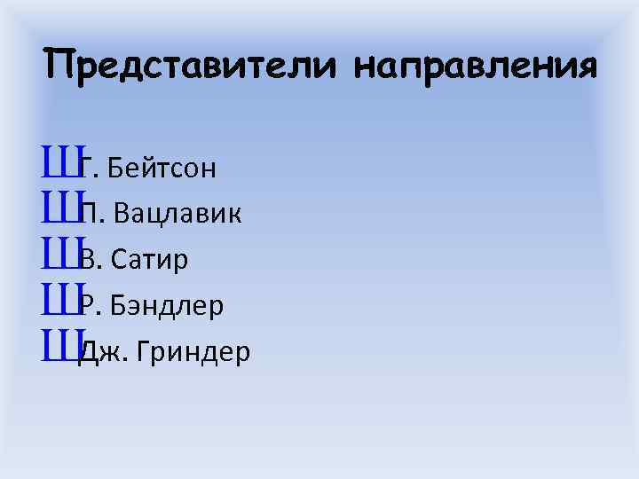 Представители направления Ш Бейтсон Г. Ш Вацлавик П. Ш Сатир В. Ш Бэндлер Р.