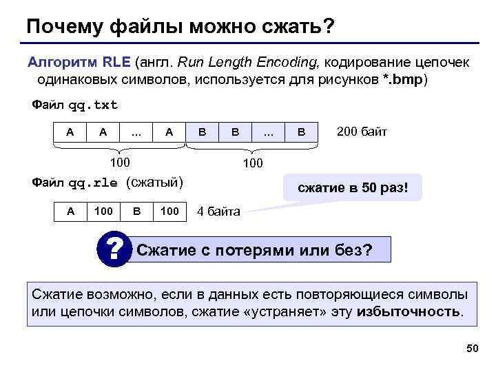 Почему файлы можно сжать? Алгоритм RLE (англ. Run Length Encoding, кодирование цепочек одинаковых символов,