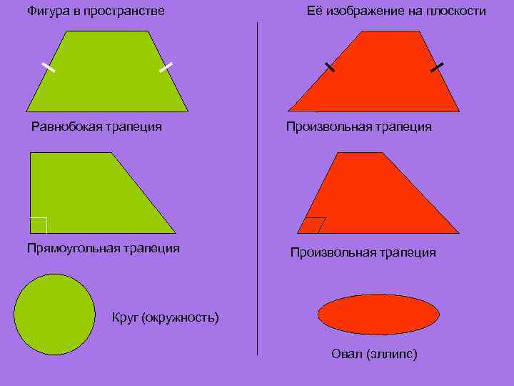 Фигура в пространстве   Её изображение на плоскости Равнобокая трапеция   Произвольная