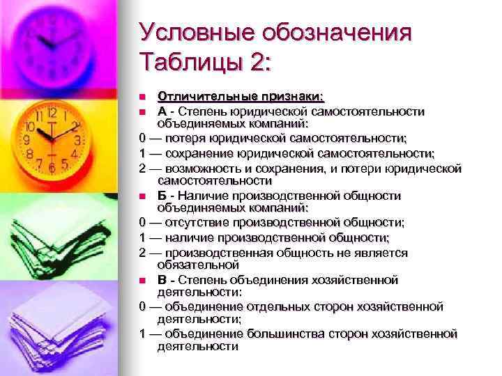 Условные обозначения Таблицы 2: n Отличительные признаки: n А - Степень юридической самостоятельности 