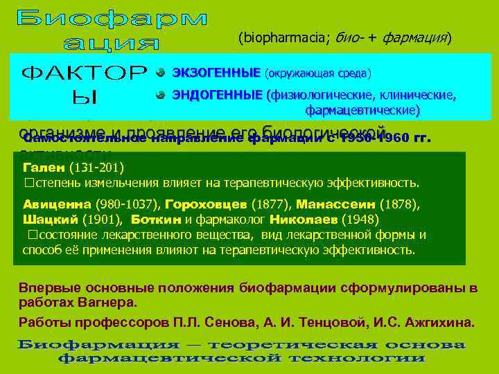        (biopharmacia; био- + фармация) наука, изучающая ЭКЗОГЕННЫЕ