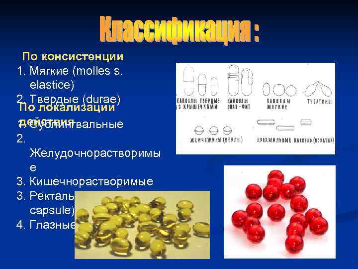 По консистенции 1. Мягкие (molles s. elastice) 2. Твердые (durae) По локализации действия По консистенции 1. Мягкие (molles s. elastice) 2. Твердые (durae) По локализации действия
