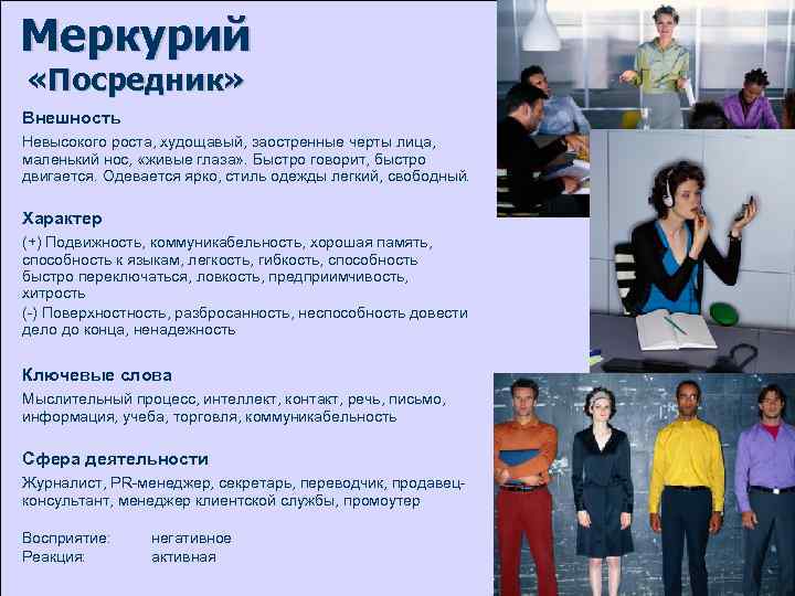 Меркурий «Посредник» Внешность Невысокого роста, худощавый, заостренные черты лица, маленький нос,  «живые глаза»