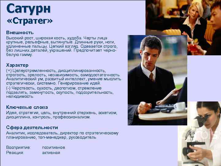 Сатурн «Стратег» Внешность Высокий рост, широкая кость, худоба. Черты лица крупные, рельефные, вытянутые. Длинные