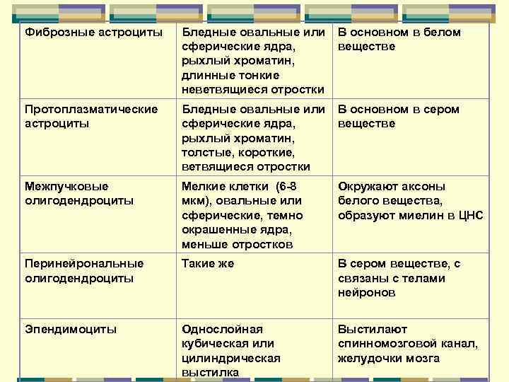 Фиброзные астроциты  Бледные овальные или В основном в белом    сферические