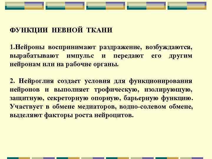 ФУНКЦИИ НЕВНОЙ ТКАНИ 1. Нейроны воспринимают раздражение, возбуждаются, вырабатывают импульс и передают его другим