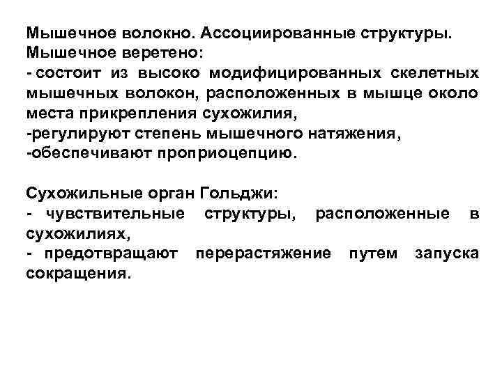 Мышечное волокно. Ассоциированные структуры. Мышечное веретено: - состоит из высоко модифицированных скелетных мышечных волокон,