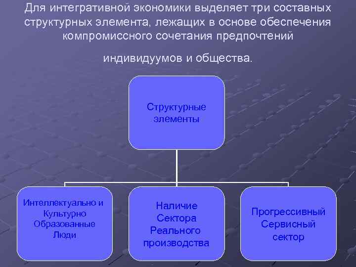 Для интегративной экономики выделяет три составных структурных элемента, лежащих в основе обеспечения  