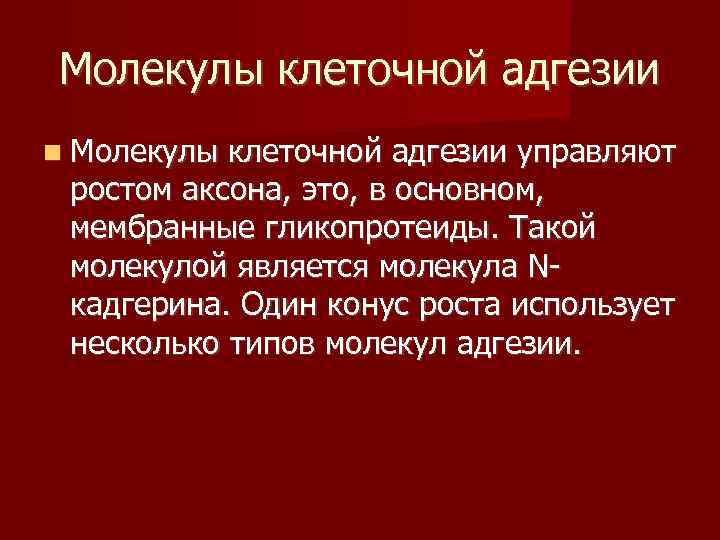 Молекулы клеточной адгезии управляют  ростом аксона, это, в основном,  мембранные гликопротеиды. Такой