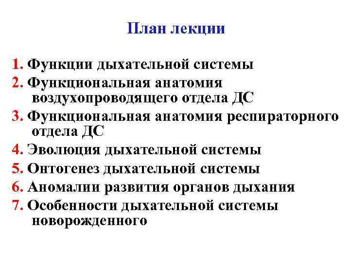 План лекции 1. Функции дыхательной системы 2. Функциональная анатомия воздухопроводящего План лекции 1. Функции дыхательной системы 2. Функциональная анатомия воздухопроводящего