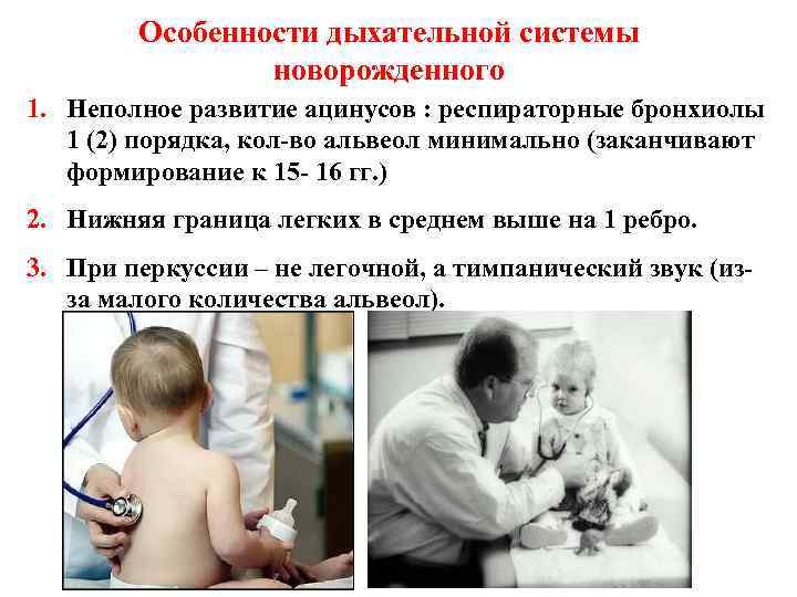 Особенности дыхательной системы новорожденного 1. Неполное развитие ацинусов : респираторные Особенности дыхательной системы новорожденного 1. Неполное развитие ацинусов : респираторные