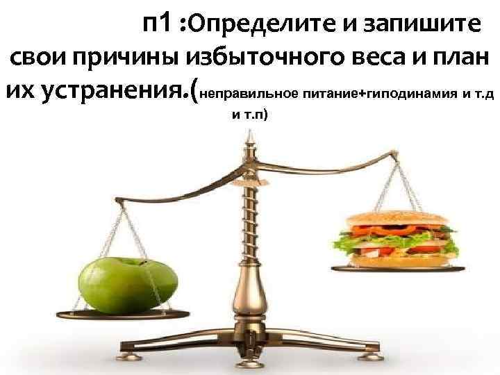 п 1 : Определите и запишите свои причины избыточного веса и п 1 : Определите и запишите свои причины избыточного веса и