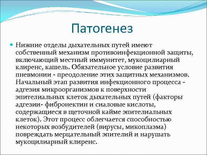    Патогенез  Нижние отделы дыхательных путей имеют  собственный механизм противоинфекционной