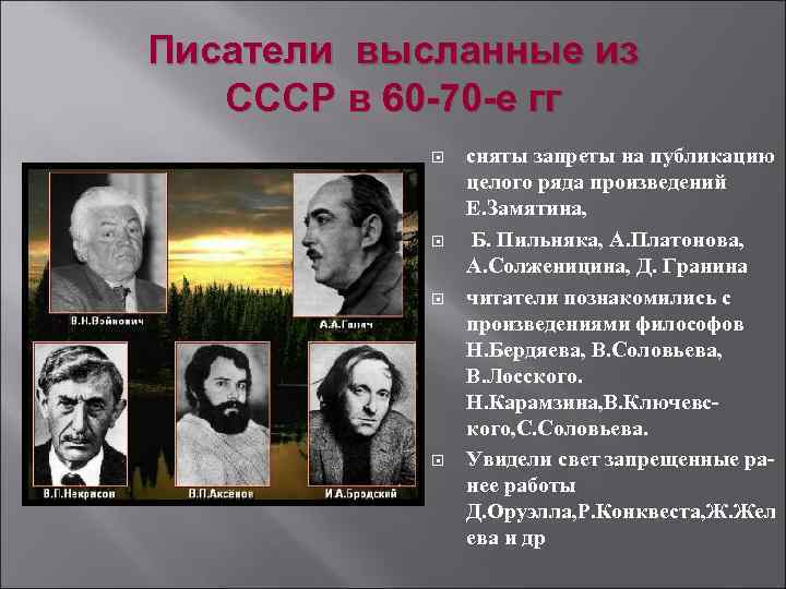 Писатели высланные из  СССР в 60 -70 -е гг   сняты запреты