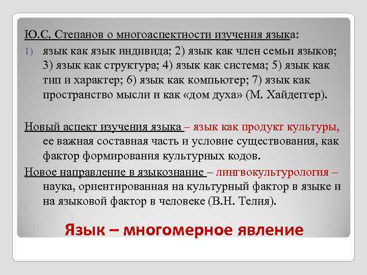 Ю. С. Степанов о многоаспектности изучения языка: 1) язык как язык индивида; 2) язык