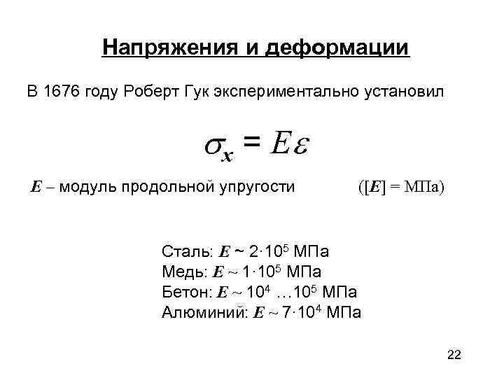   Напряжения и деформации В 1676 году Роберт Гук экспериментально установил  