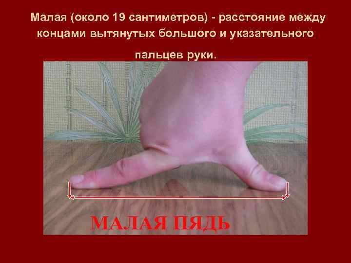  Малая (около 19 сантиметров) - расстояние между концами вытянутых большого и указательного 
