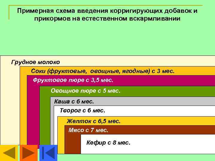  Примерная схема введения корригирующих добавок и прикормов на естественном вскармливании Грудное молоко Соки