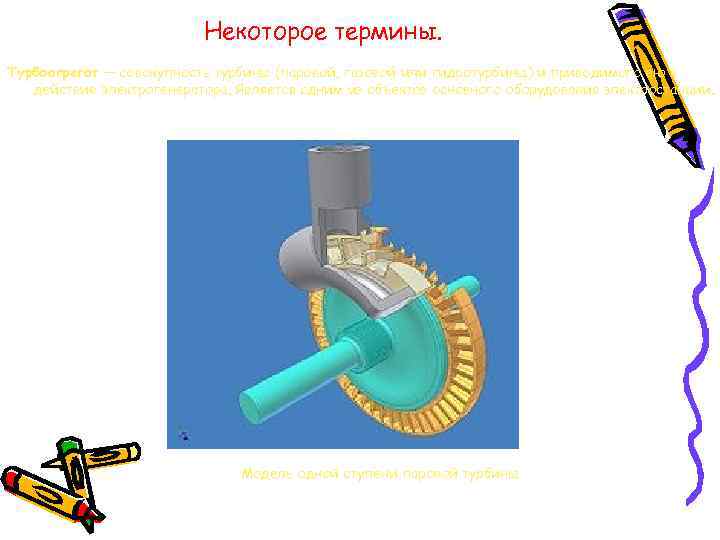      Некоторое термины. Турбоагрегат — совокупность турбины (паровой, газовой или